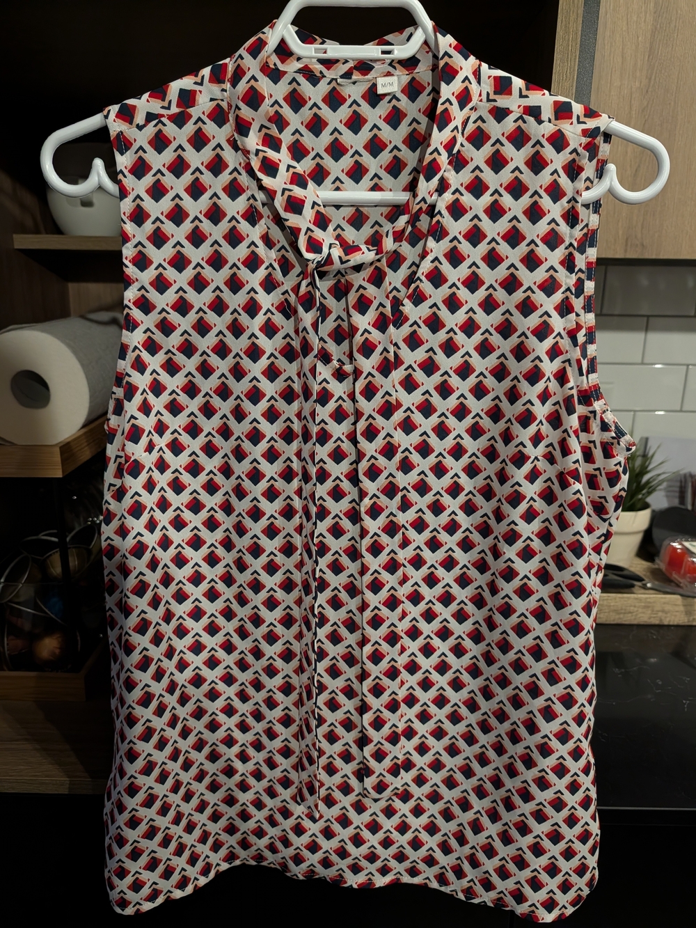 Sleeveless Tie-Neck Printed Women's Top - Red/Blue